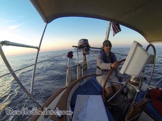 Jeff aboard Bear, a Tayana 37, going down the coast of New Jersey