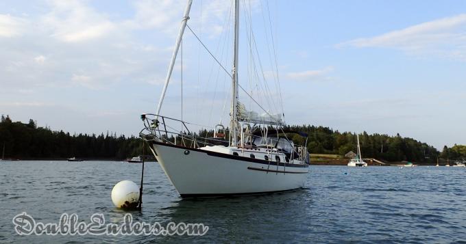 Pacific Seacraft sailboat on a mooring in Pulpit Harbor, Maine